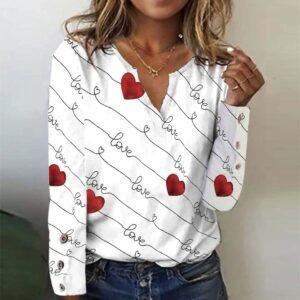 Love Red Heart Long Sleeve White Top