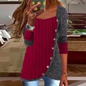 Ribbed Red Wine Gray Asymmetrical Color Block Top