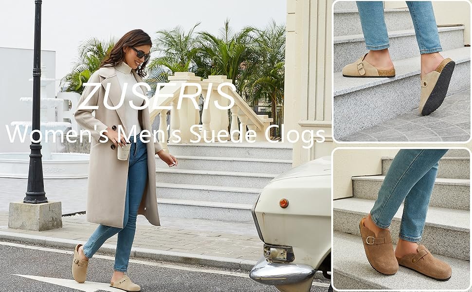 Women's Mens Suede Clogs Leather Mules Cork Footbed Potato Shoes Slip on Sandals with Arch Support