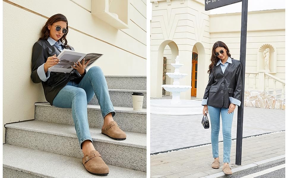 Women Suede Clogs Leather Mules Cork Footbed Potato Shoes Comfort Slip on Sandals with Arch Support